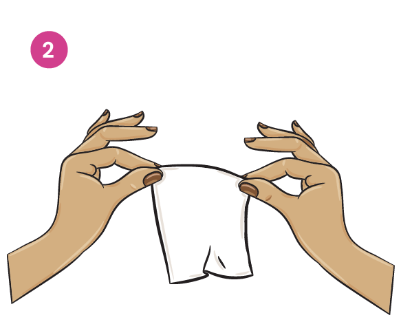 Pull the wipe out of the pouch. Unfold the wipe completely to ensure it’s ready to use.